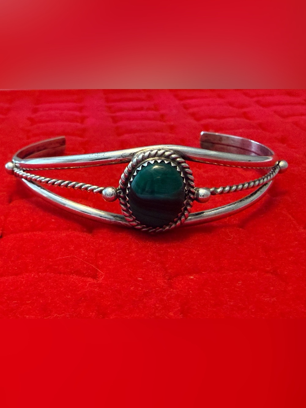 Vintage Sterling Silver Malachite Stone Cuff Bracelet